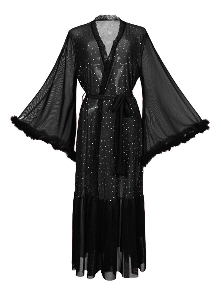 Black Sheer Glitter Mesh Belted Robes - vintage fashion, retro style, classic black