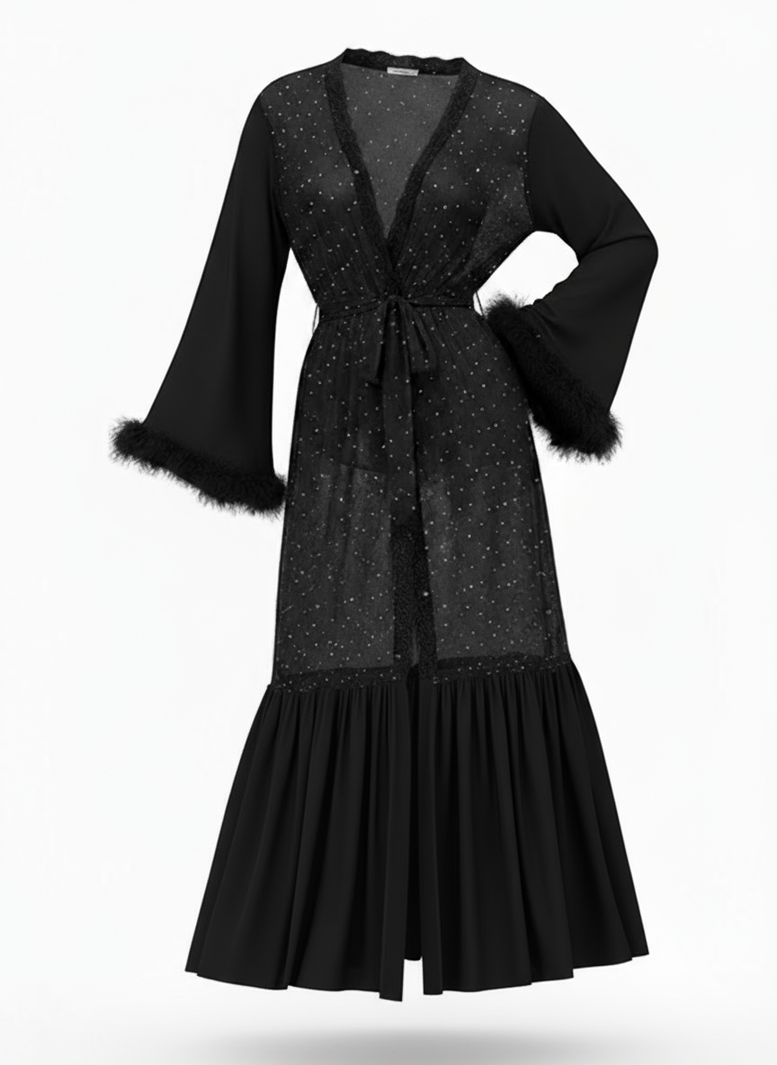 Black Sheer Glitter Mesh Belted Robes - vintage fashion, retro style, classic black