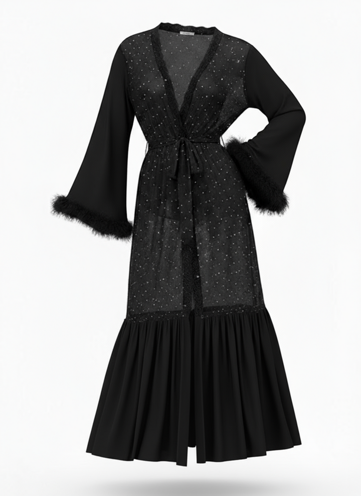 Black Sheer Glitter Mesh Belted Robes - vintage fashion, retro style, classic black