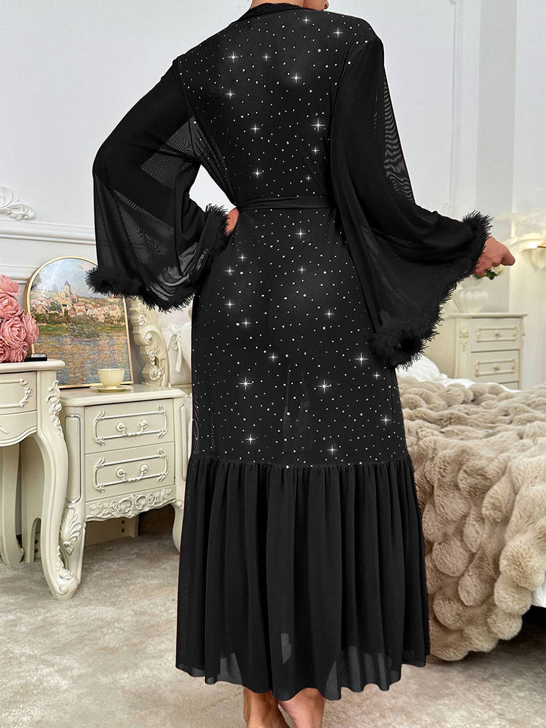 Black Sheer Glitter Mesh Belted Robes - vintage fashion, retro style, classic black