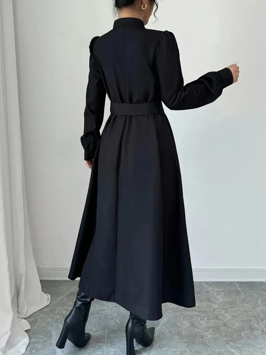 Black 1970s Solid Button Belted Dress - vintage dress, retro fashion, classic black