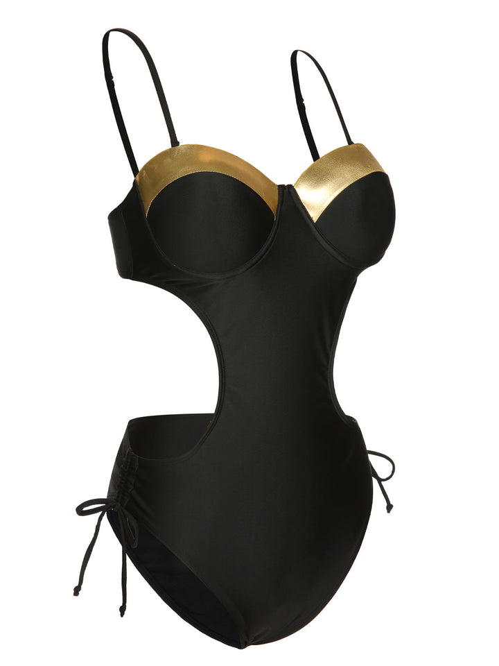 Black 1970s Spaghetti Strap Hollow One-Piece Swimsuit, vintage swimsuit, pin-up swimwear - perfect for women who love vintage and retro fashion