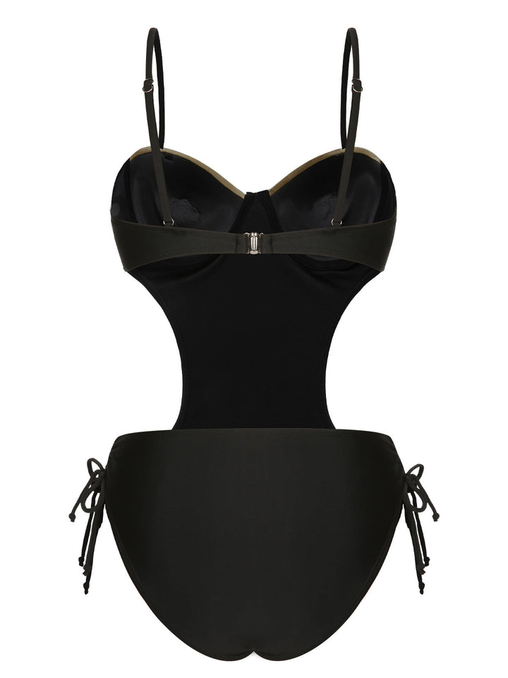 Black 1970s Spaghetti Strap Hollow One-Piece Swimsuit, vintage swimsuit, pin-up swimwear - perfect for women who love vintage and retro fashion