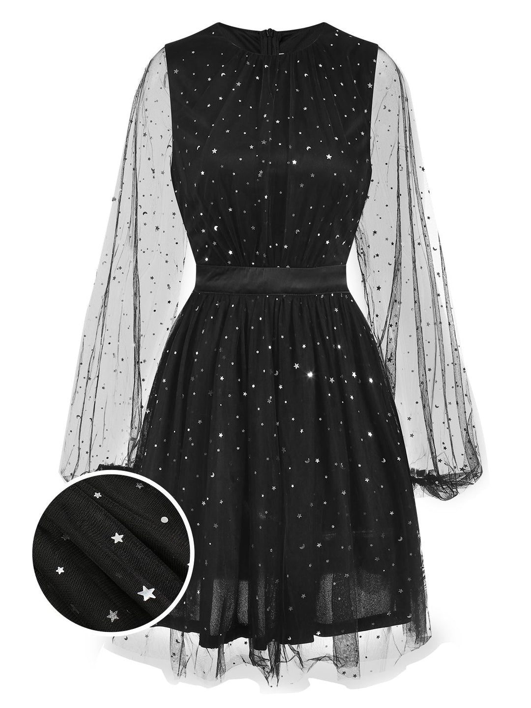 Black 1970s Star Sequins Lantern Sleeve Dress, vintage dress, retro fashion - perfect for women who love vintage and retro fashion