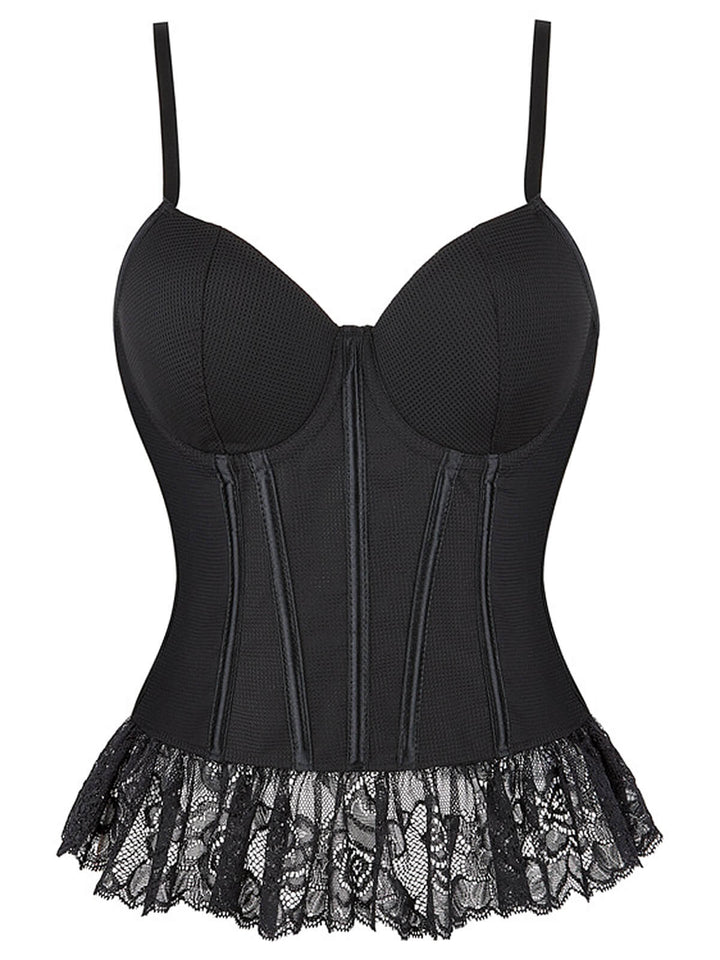 She slips into Black 1970s Steampunk Lace Patchwork Strap Corset and channels 1970s screen sirens