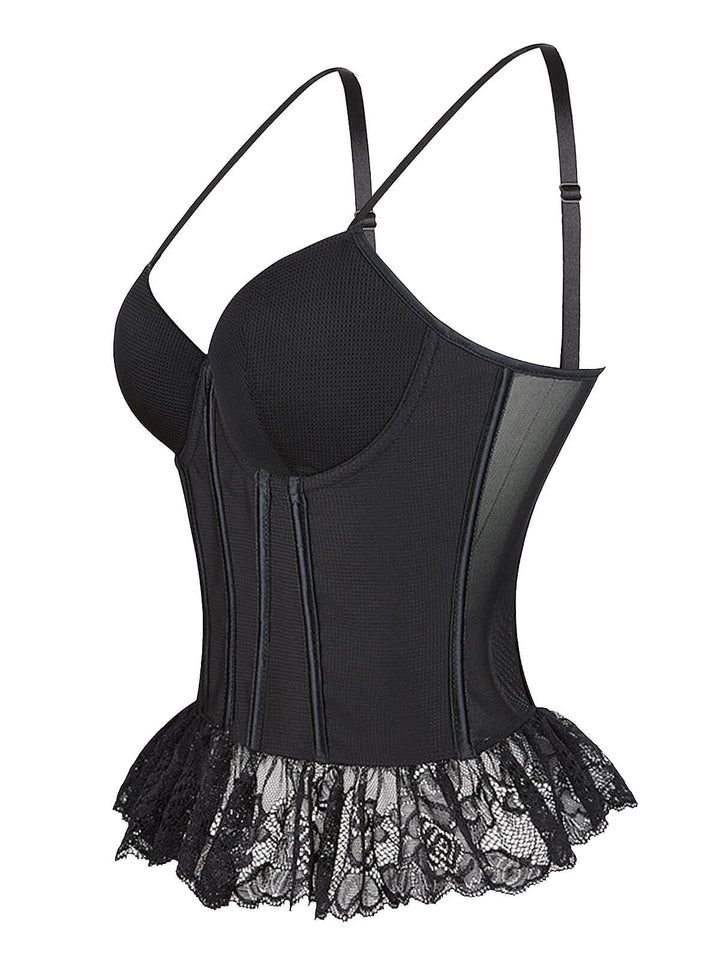 Black 1970s Steampunk Lace Patchwork Strap Corset: 1970s allure for the woman who knows her power