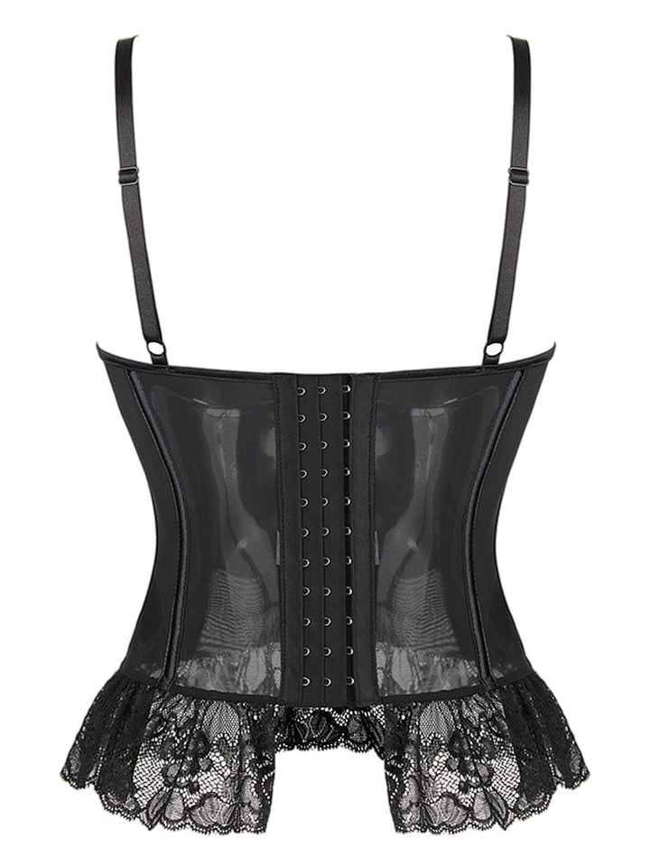 This Black 1970s Steampunk Lace Patchwork Strap Corset is 1970s romance against her skin