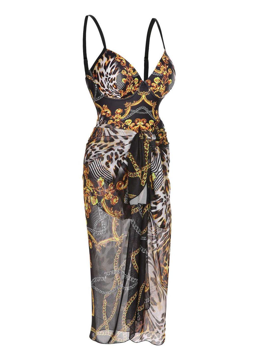 Black 1970s Strap Print One-Piece Swimsuit &amp; Cover-Up: 1970s Riviera elegance, reimagined for her