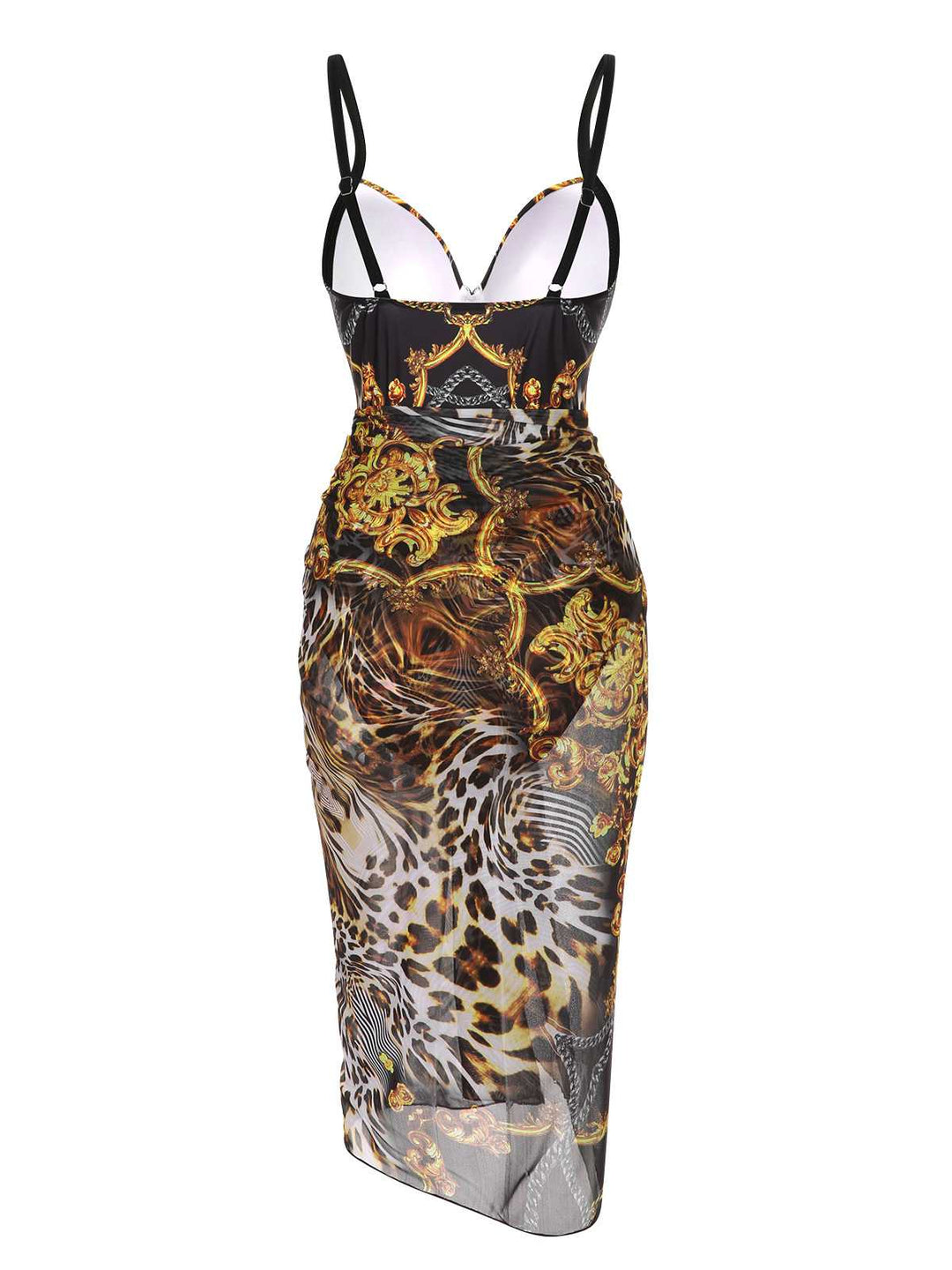 This Black 1970s Strap Print One-Piece Swimsuit &amp; Cover-Up carries 1970s vacation dreams in every stitch