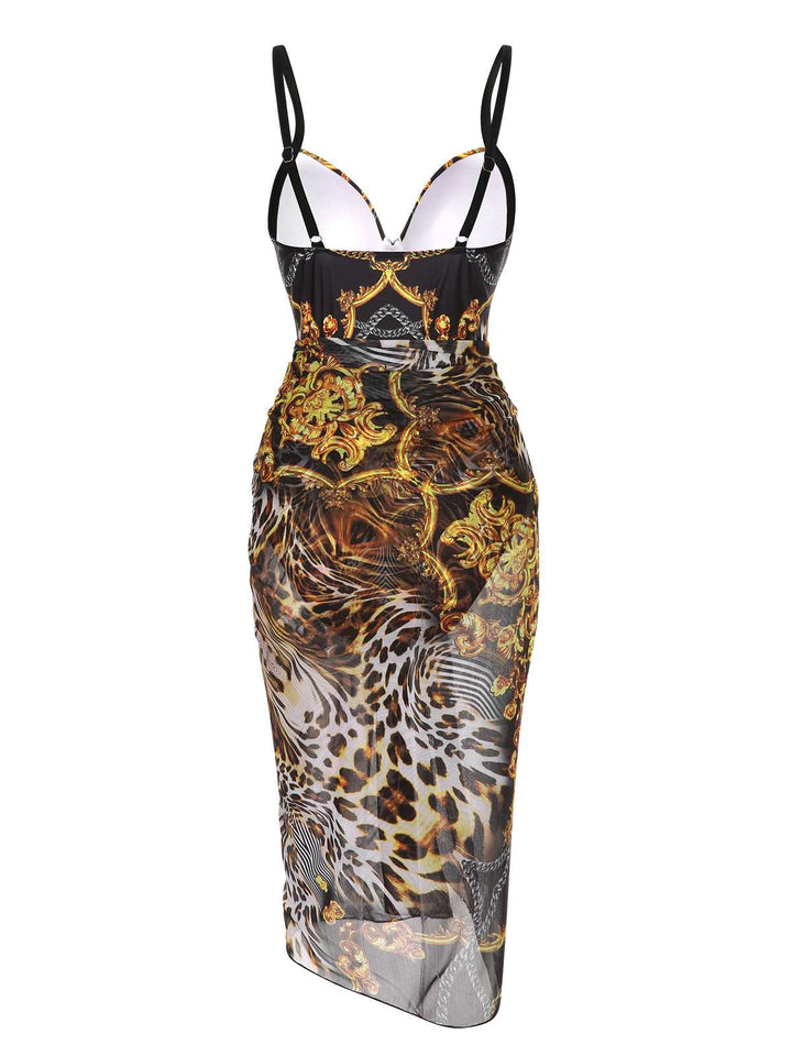 This Black 1970s Strap Print One-Piece Swimsuit &amp; Cover-Up carries 1970s vacation dreams in every stitch