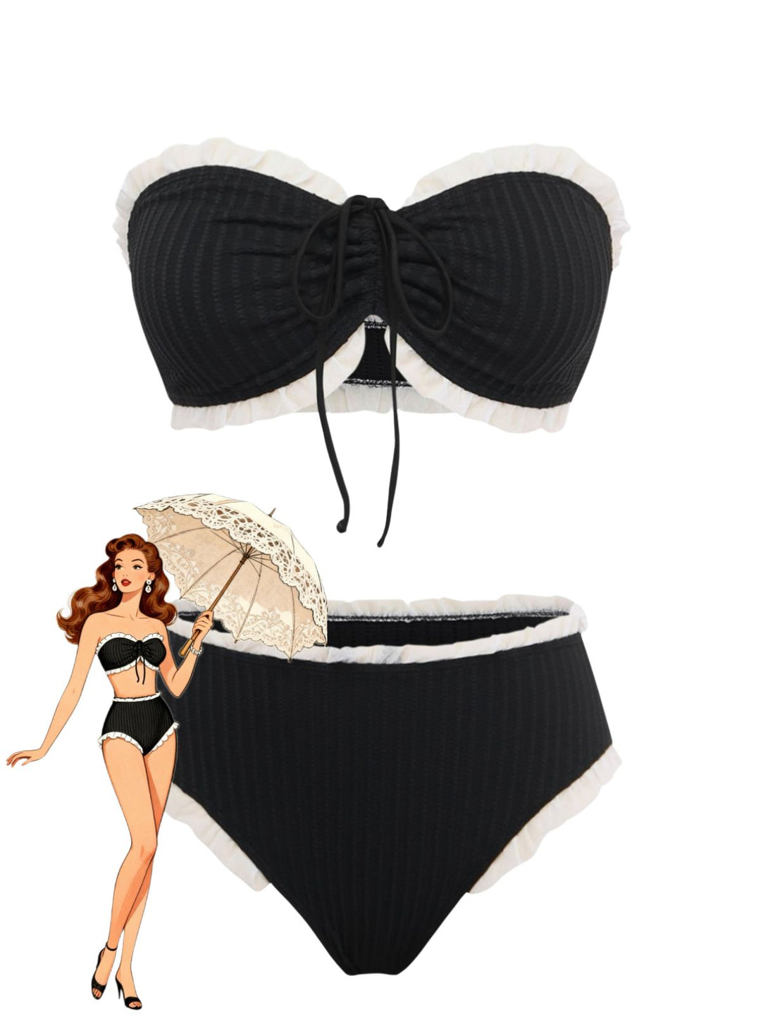 Black Strapless Lace Trim Bikini Set, vintage swimsuit, swimwear - perfect for women who love vintage and retro fashion