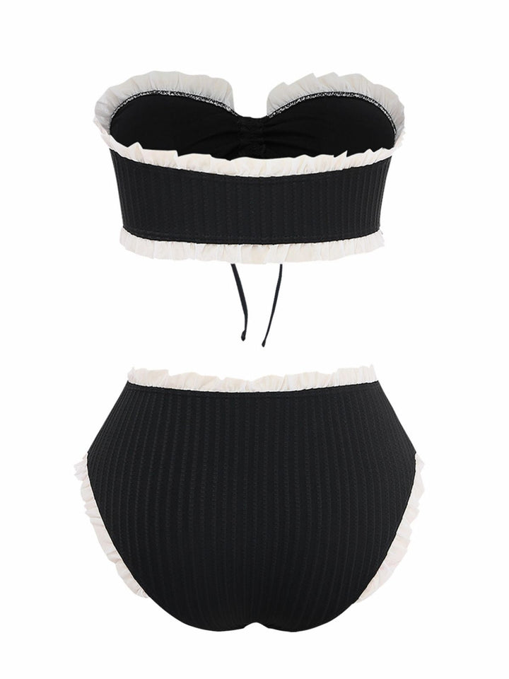 Black Strapless Lace Trim Bikini Set, vintage swimsuit, swimwear - perfect for women who love vintage and retro fashion