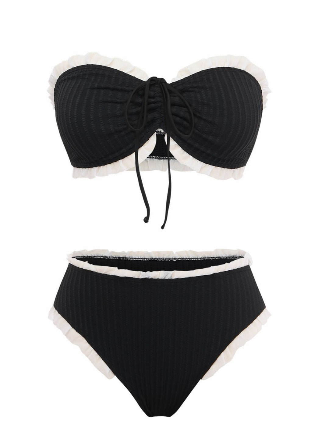 Black Strapless Lace Trim Bikini Set, vintage swimsuit, swimwear - perfect for women who love vintage and retro fashion