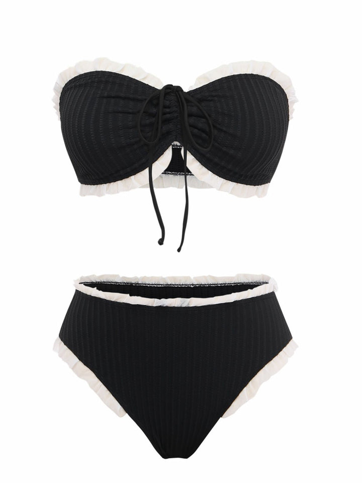 Black Strapless Lace Trim Bikini Set, vintage swimsuit, swimwear - perfect for women who love vintage and retro fashion