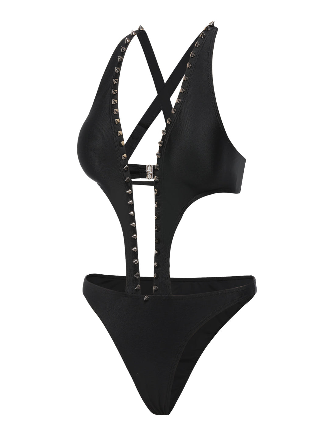 This Black 1970s Studded Cutout One-Piece Swimsuit carries 1970s vacation dreams in every stitch