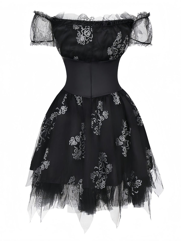 Black 1970s Vampire Bride Off-Shoulder Mesh Dress, vintage dress, retro fashion - perfect for women who love vintage and retro fashion