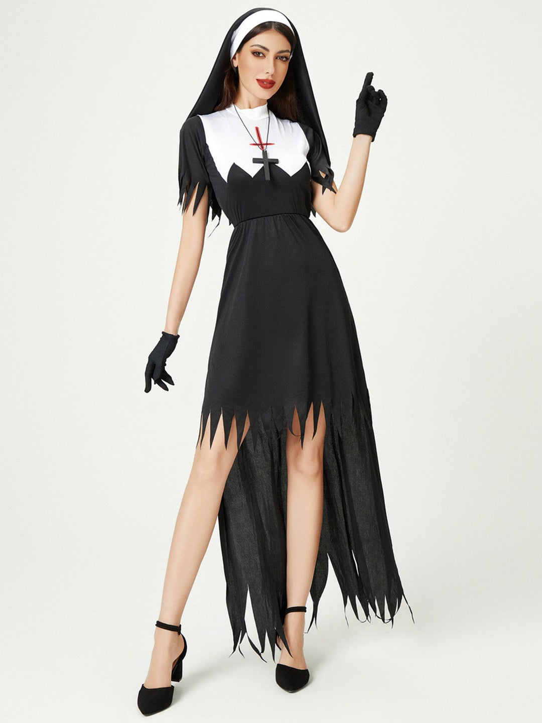 She slips into this Black 1980s Cross Patchwork Dress &amp; Nun Veil &amp; Gloves and suddenly it&