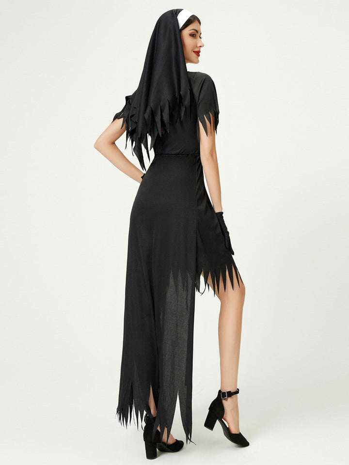 Black 1980s Cross Patchwork Dress &amp; Nun Veil &amp; Gloves: where 1980s romance meets her modern spirit