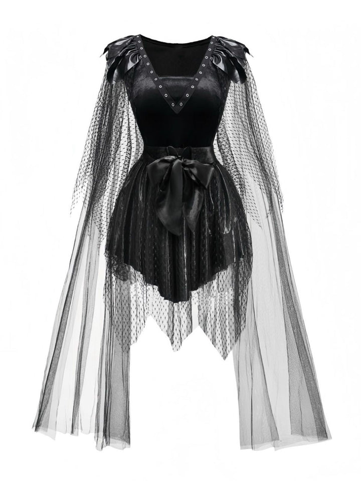 Black 1980s Devil Bat Punk Style Mesh Dress - vintage dress, retro fashion, classic black