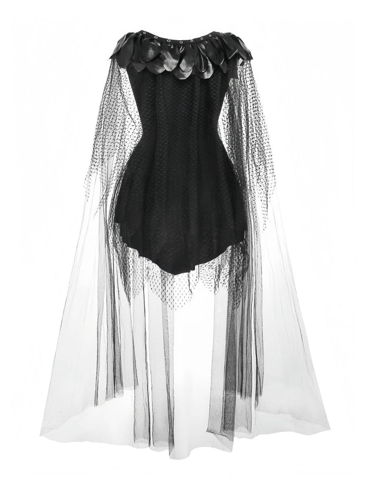 Black 1980s Devil Bat Punk Style Mesh Dress - vintage dress, retro fashion, classic black