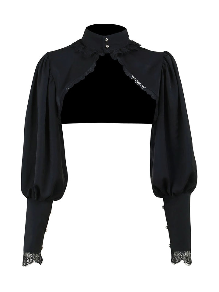 Black 1980s Gothic Lace Stand Collar Top - vintage fashion, retro style, classic black