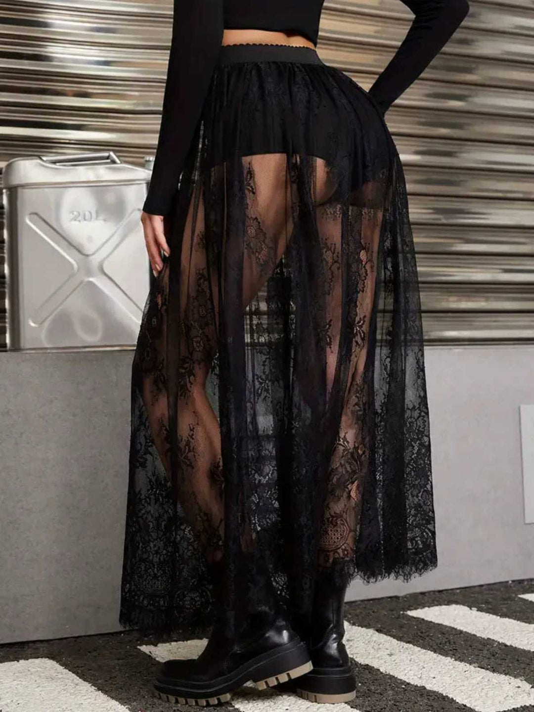 Black 1980s Gothic Sheer Lace Skirt - vintage skirt, retro style, classic black