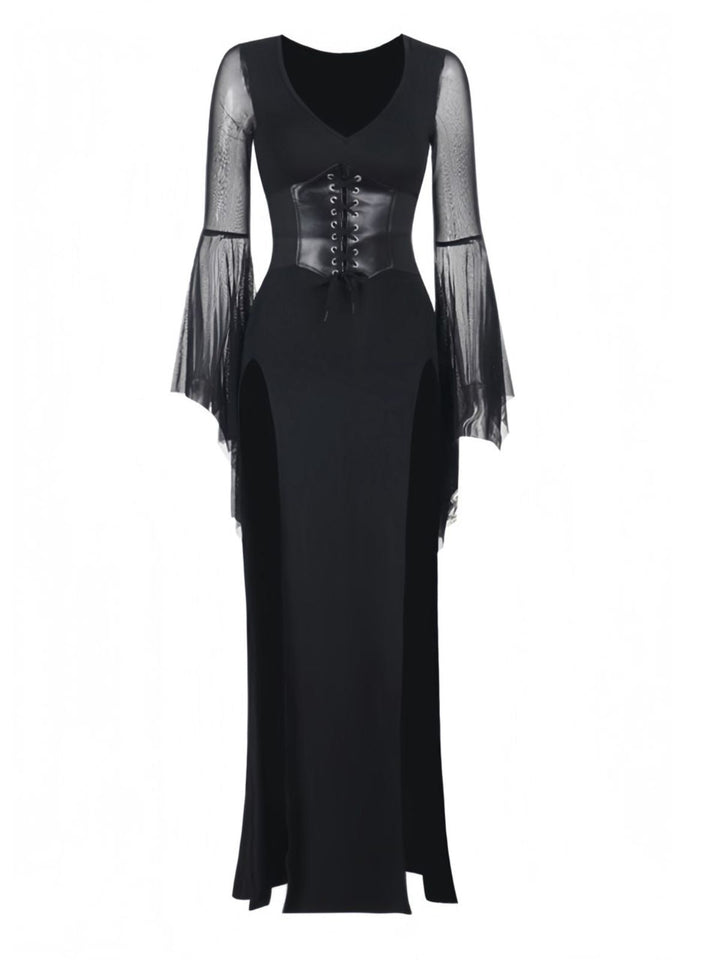 Black 1980s Gothic Sheer Sleeve Corset Slit Dress - vintage dress, retro fashion, classic black