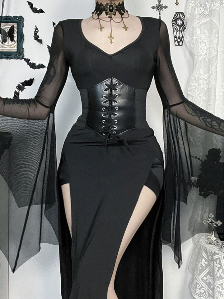 Black 1980s Gothic Sheer Sleeve Corset Slit Dress - vintage dress, retro fashion, classic black