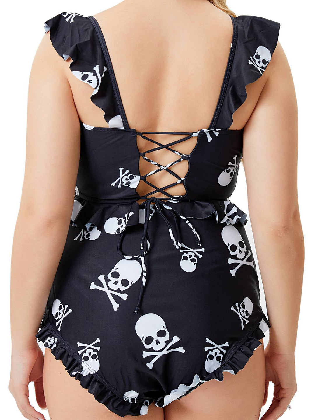 Black 1980s Gothic Skull Print Ruffles Bikini Set - vintage fashion, retro style, classic black