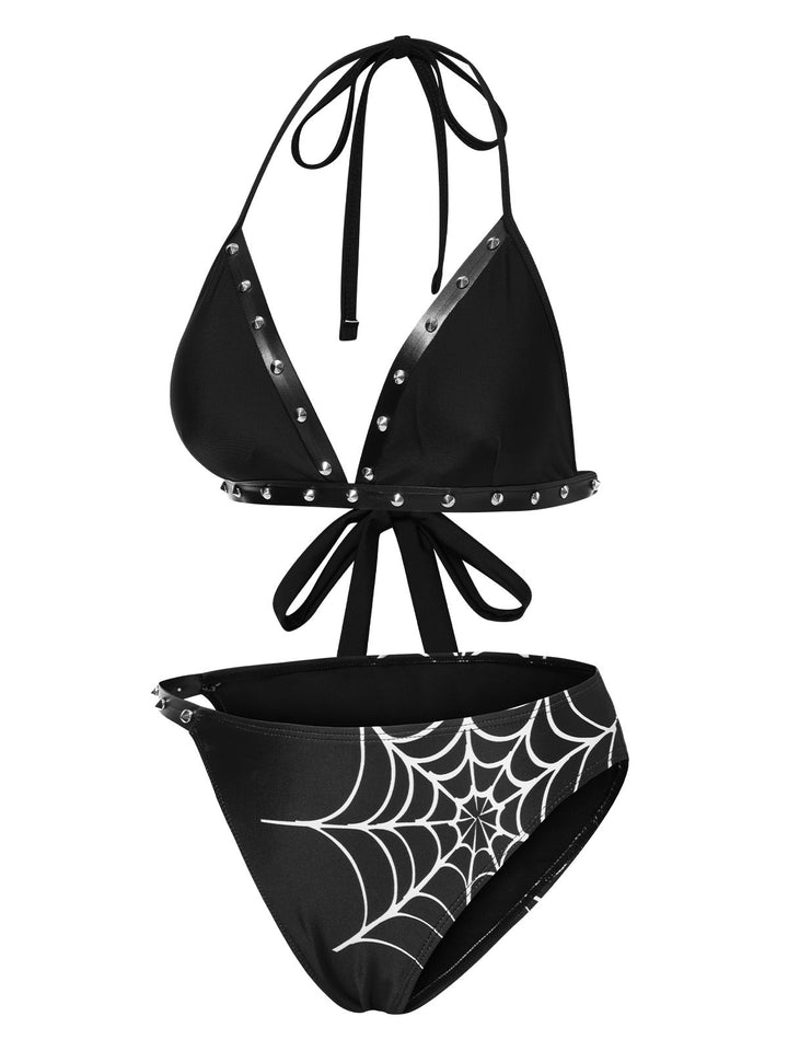 Black 1980s Gothic Spider Web Rivets Bikini Set, vintage swimsuit, pin-up swimwear - perfect for women who love vintage and retro fashion
