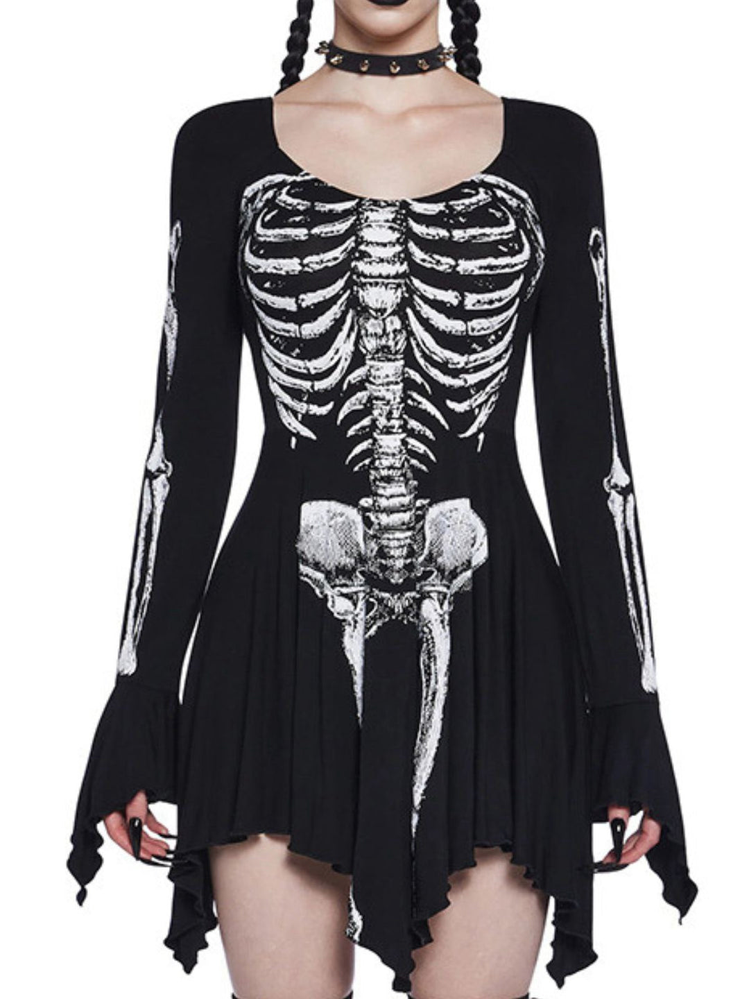 Black 1980s Halloween Skull Print Mini Dress - vintage dress, retro fashion, classic black