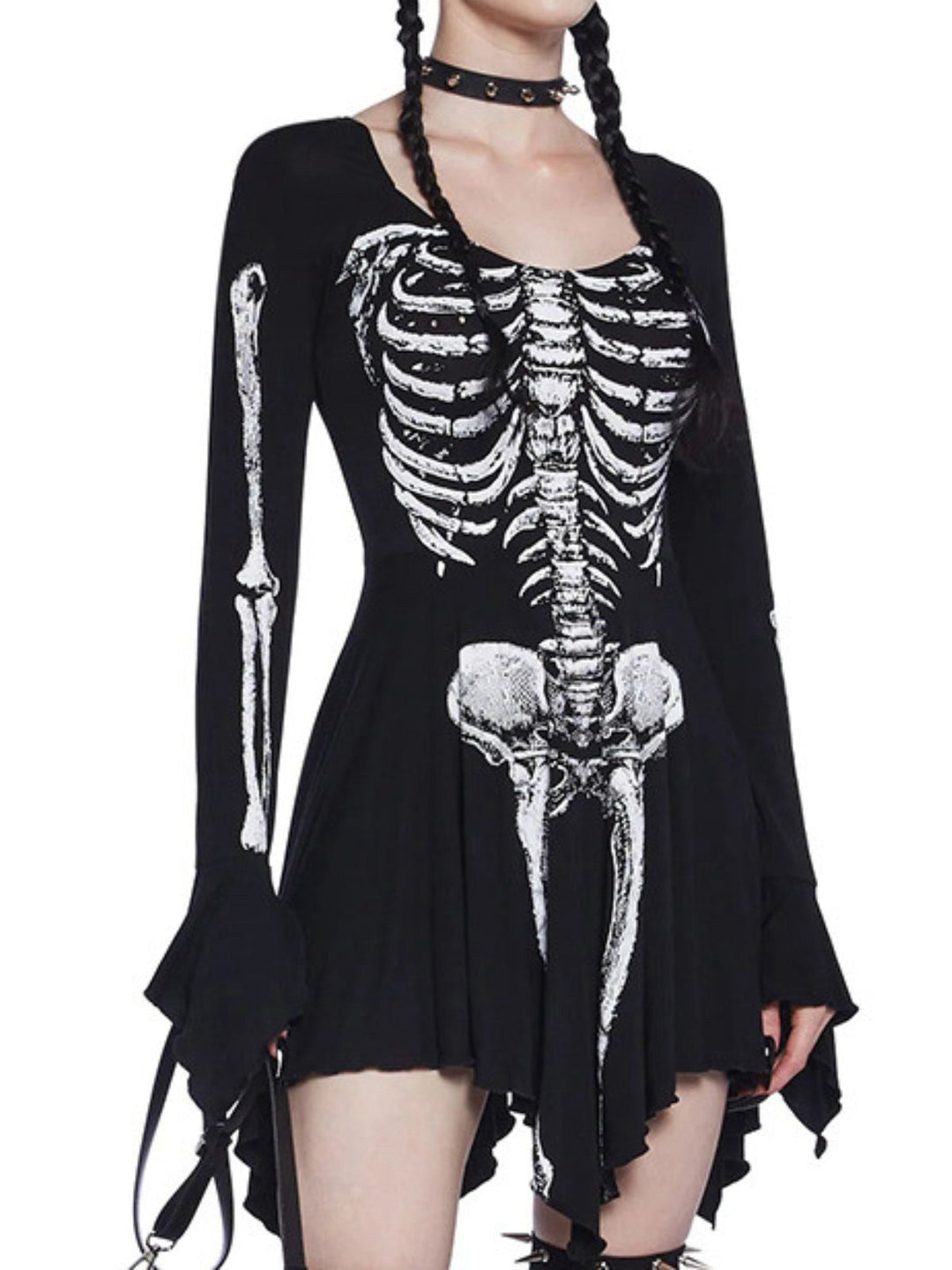 Black 1980s Halloween Skull Print Mini Dress - vintage dress, retro fashion, classic black
