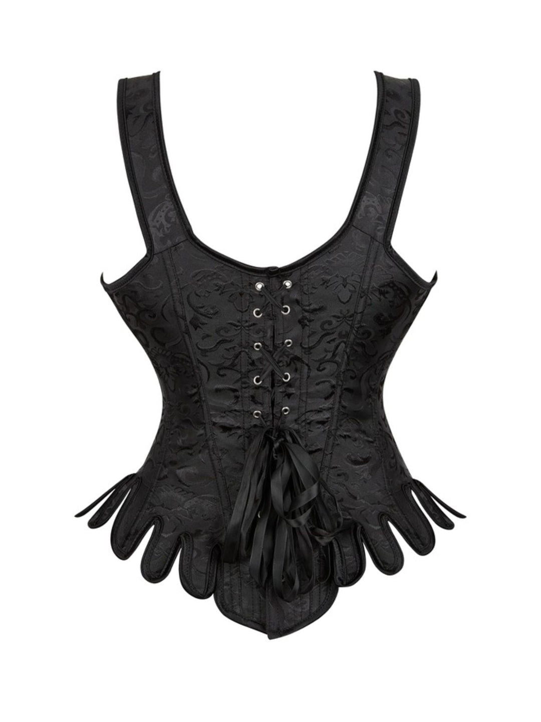 Black 1980s Jacquard Brocade Gothic Corset - vintage fashion, retro style, classic black