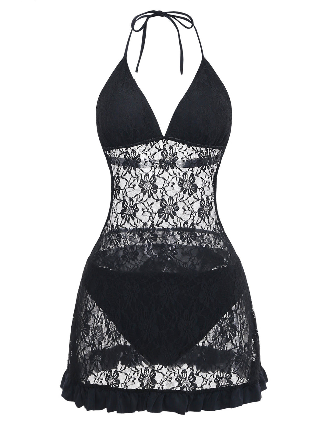 Black 1980s Lace Halter One-Piece Swimsuit 6