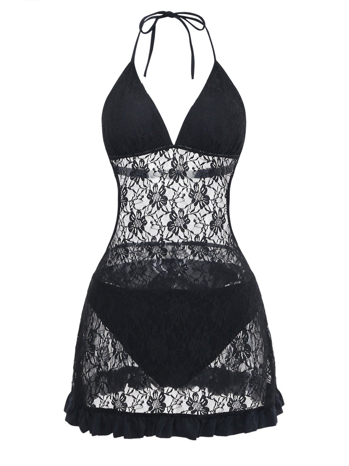 Black 1980s Lace Halter One-Piece Swimsuit 6