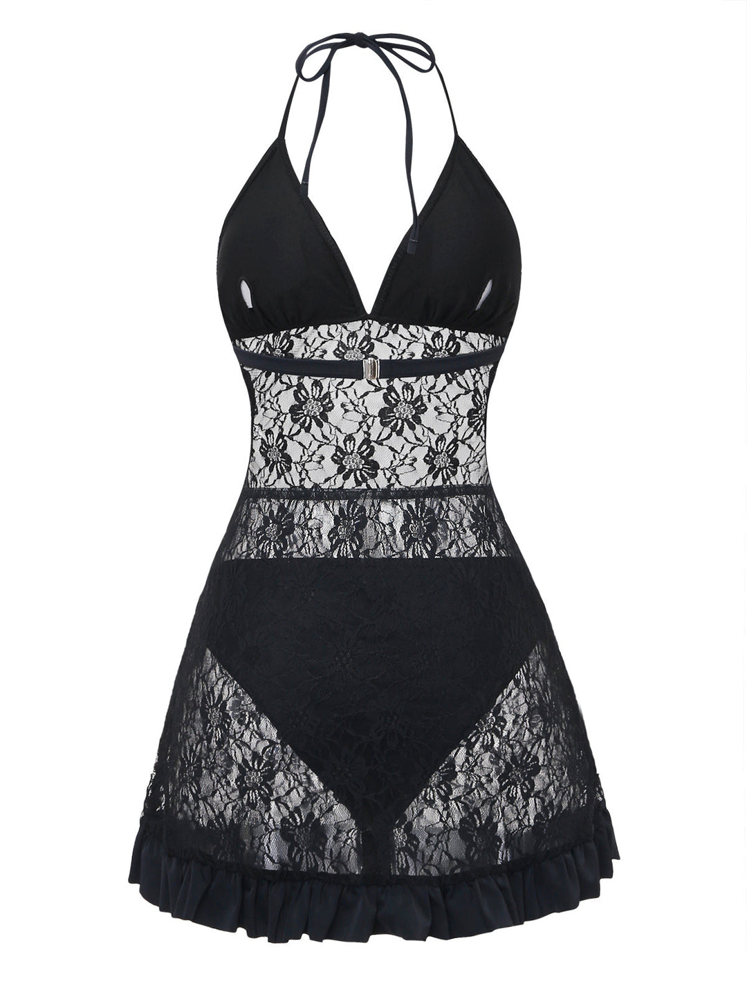 Black 1980s Lace Halter One-Piece Swimsuit 5