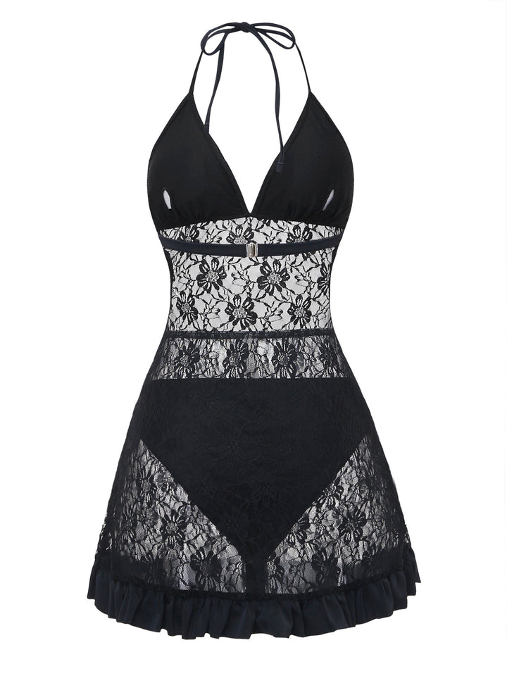 Black 1980s Lace Halter One-Piece Swimsuit 5