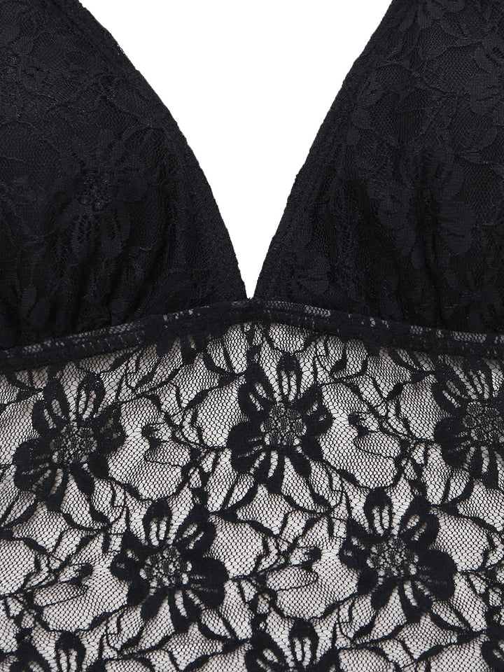 Black 1980s Lace Halter One-Piece Swimsuit 2