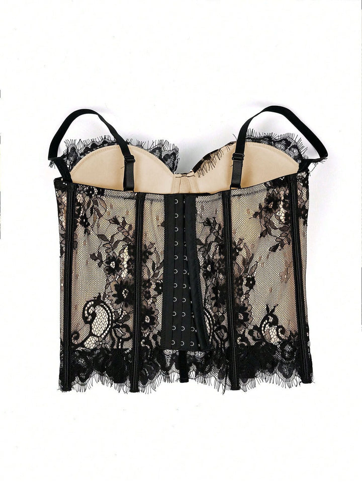 Black 1980s Lace Steampunk Herringbone Corset - vintage fashion, retro style, classic black