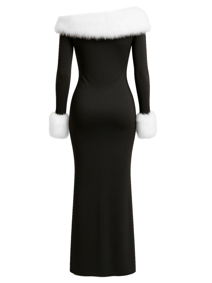 Black 1980s Off-Shoulder Fur Trim Dress - vintage dress, retro fashion, classic black