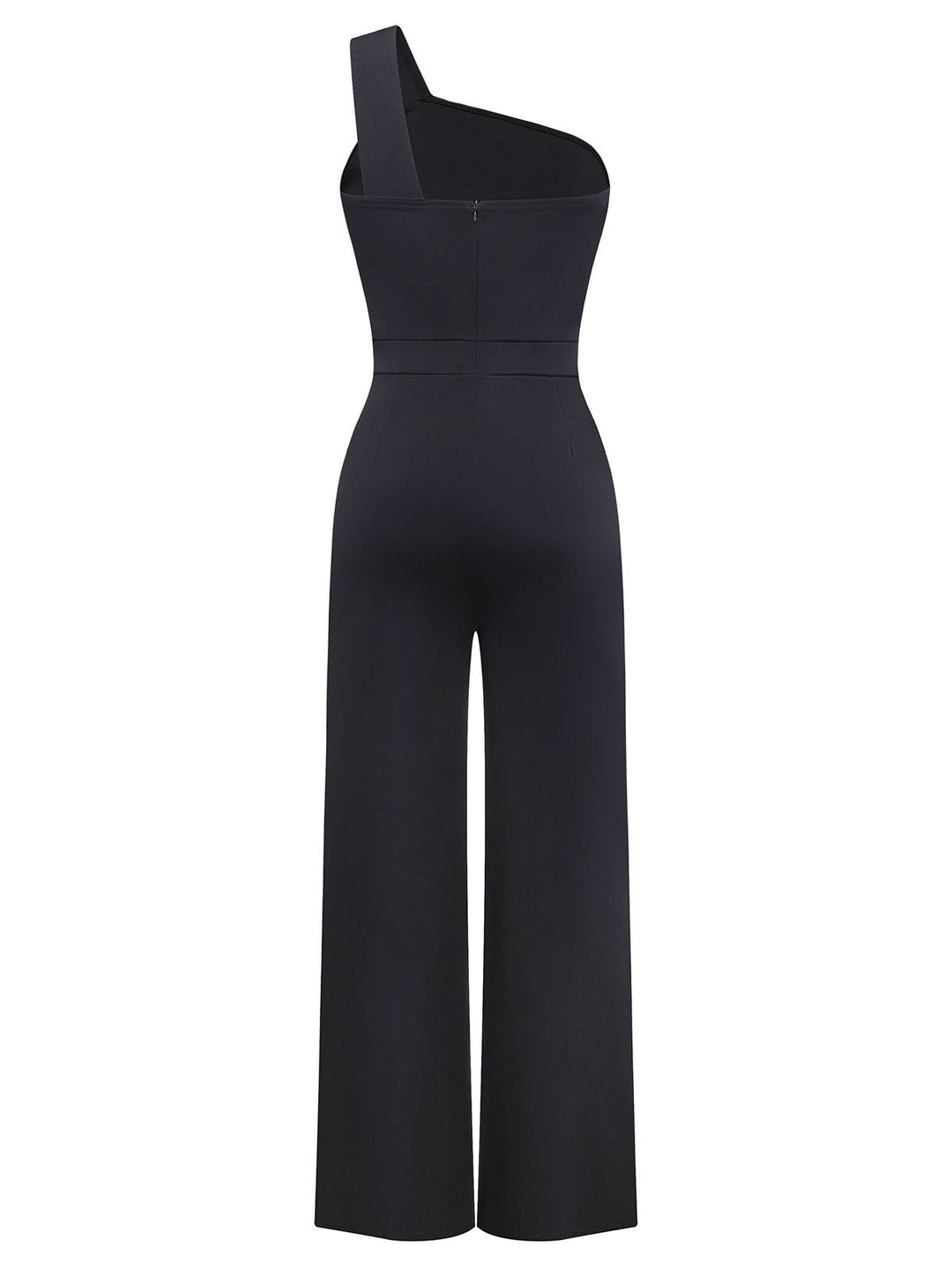 Black 1980s One Shoulder Wide Leg Belt Jumpsuit - vintage jumpsuit, retro fashion, classic black