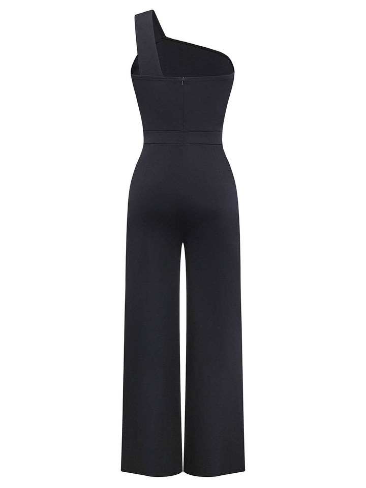 Black 1980s One Shoulder Wide Leg Belt Jumpsuit - vintage jumpsuit, retro fashion, classic black
