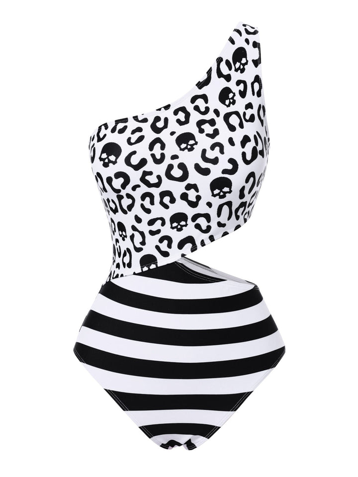 Black 1980s One-Shoulder Hollow Skull Stripe Swimsuit: 1980s Riviera elegance, reimagined for her