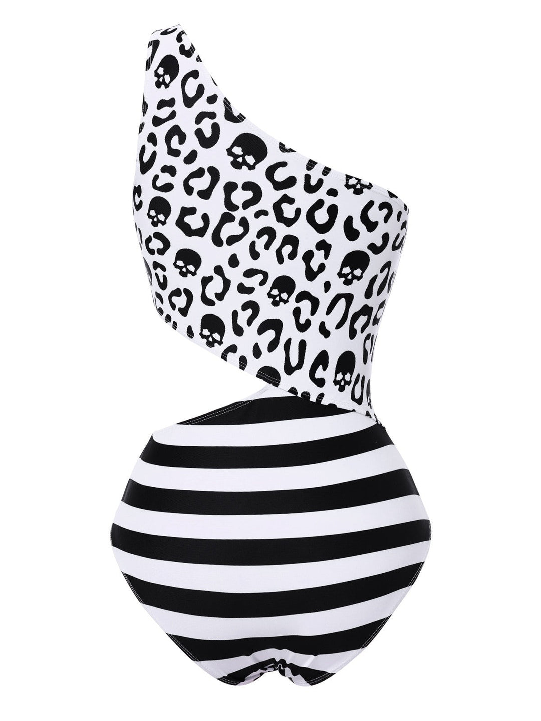 Black 1980s One-Shoulder Hollow Skull Stripe Swimsuit — because 1980s glamour never goes out of style