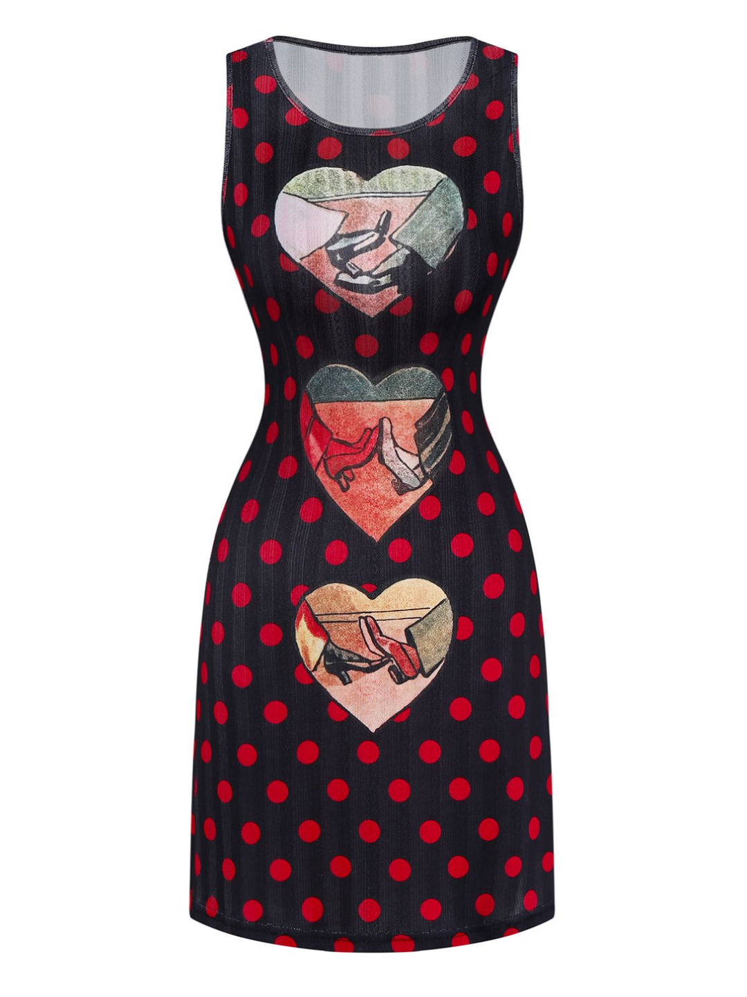 Black 1980s Polka Dot Heart Graphic Pencil Dress - vintage dress, retro fashion, classic black