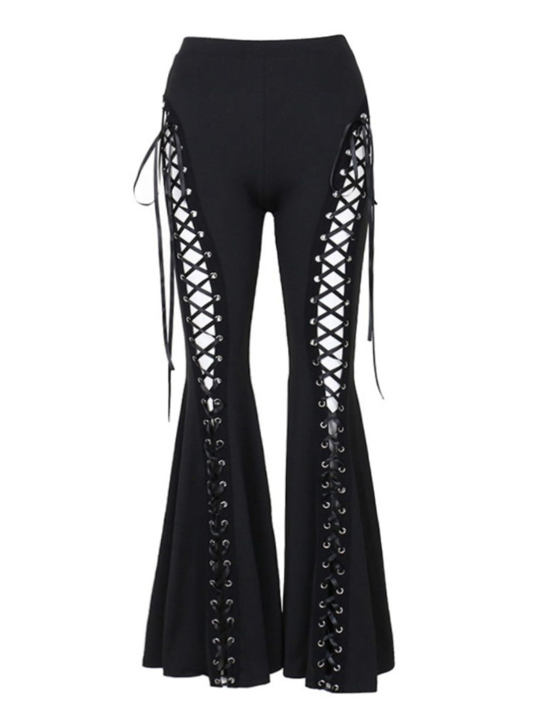 Black 1980s Punk Drawstring Laced Bootcut Pants - vintage fashion, retro style, classic black
