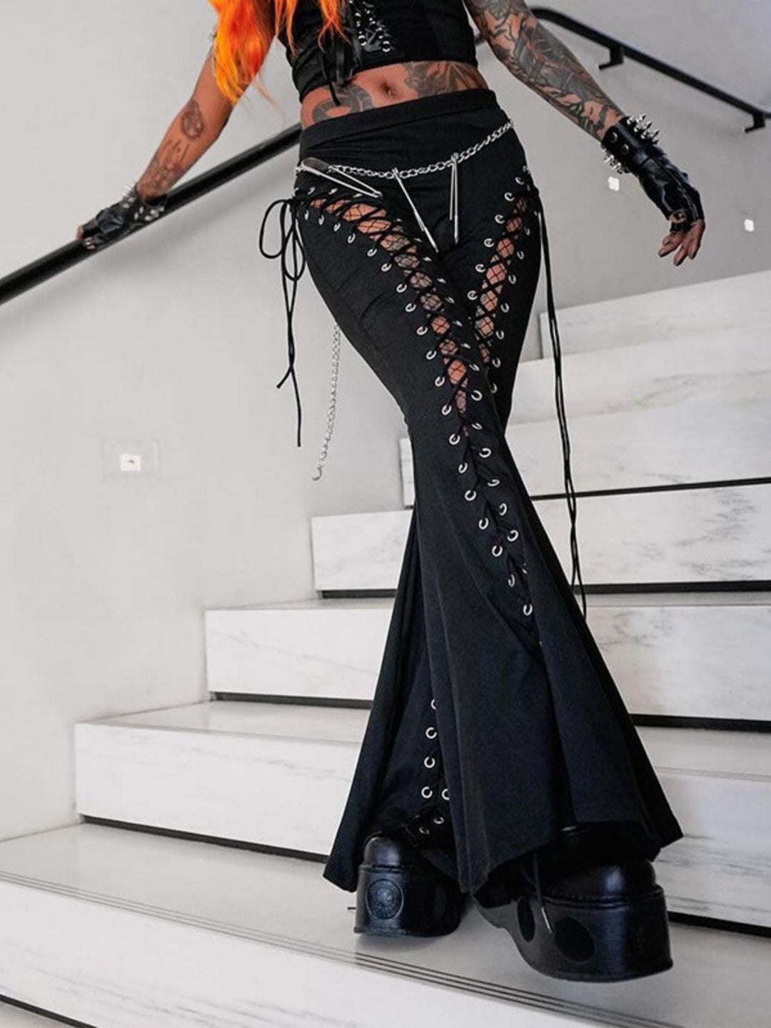 Black 1980s Punk Drawstring Laced Bootcut Pants - vintage fashion, retro style, classic black