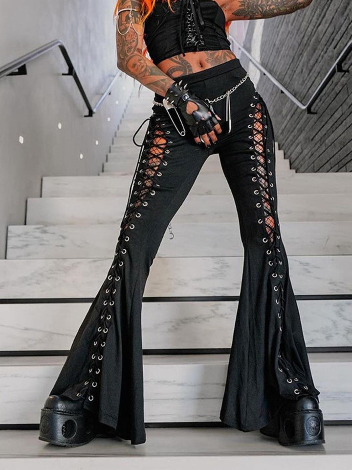 Black 1980s Punk Drawstring Laced Bootcut Pants - vintage fashion, retro style, classic black