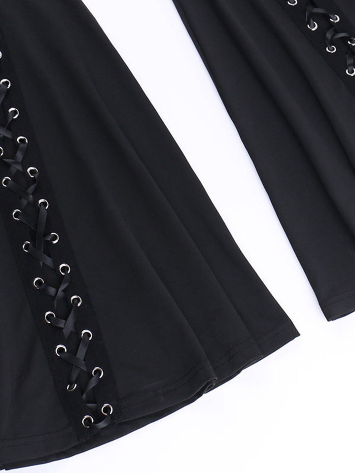 Black 1980s Punk Drawstring Laced Bootcut Pants - vintage fashion, retro style, classic black