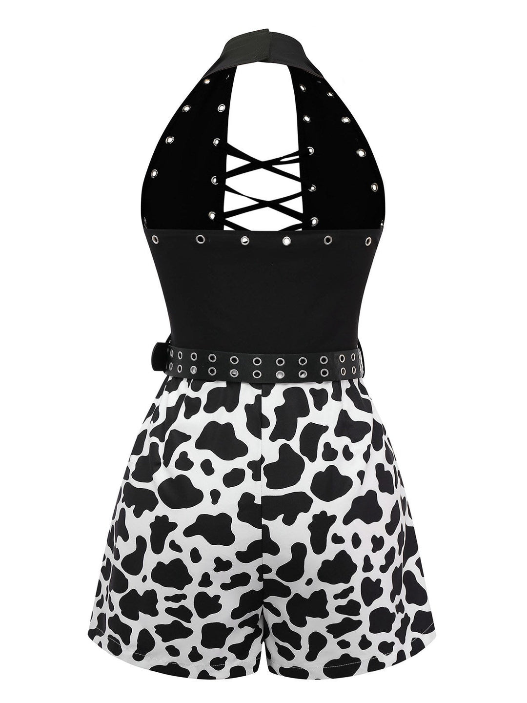 Black 1980s Punk Halter Hollow Cow Pattern Romper - vintage jumpsuit, retro fashion, classic black